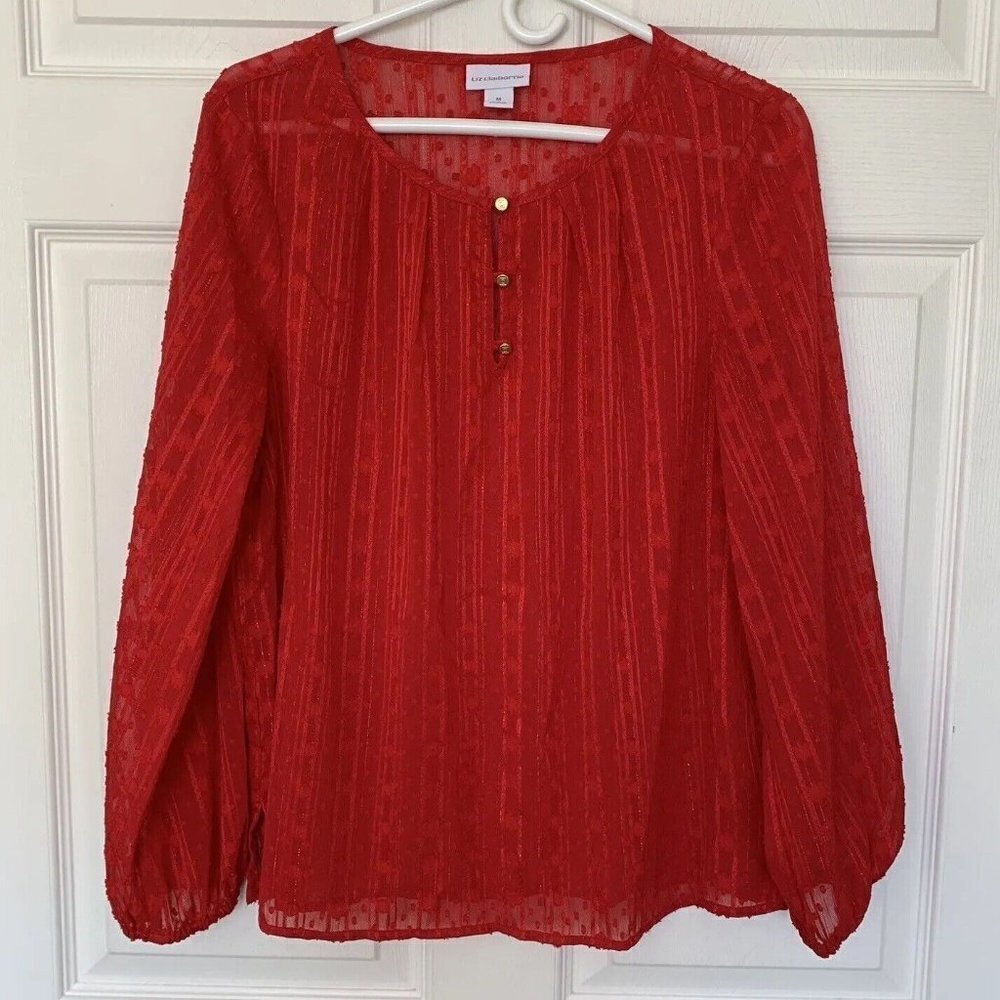 Liz Claiborne Sheer Medium Red Button Long Balloon Sleeve Top